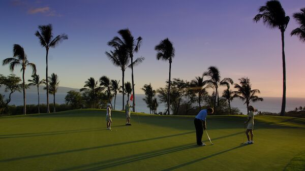 The image shows people playing golf on a green under a purple sunset sky, surrounded by tall palm trees with an ocean view in the background.